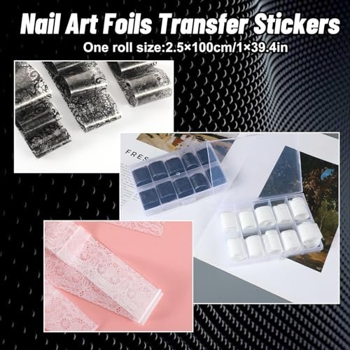 20 Rolls White and Black Lace Nail Foil Transfer Stickers - Flower Nail Art Decals for DIY Manicure - görsel 4