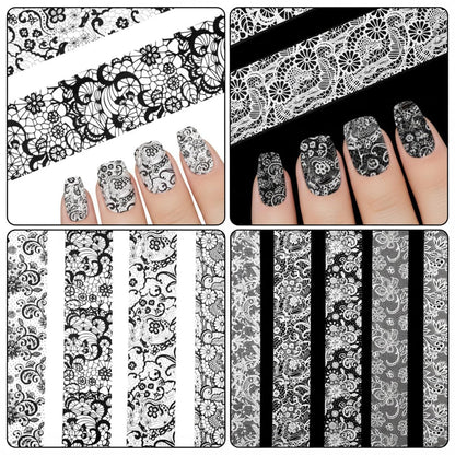 20 Rolls White and Black Lace Nail Foil Transfer Stickers - Flower Nail Art Decals for DIY Manicure