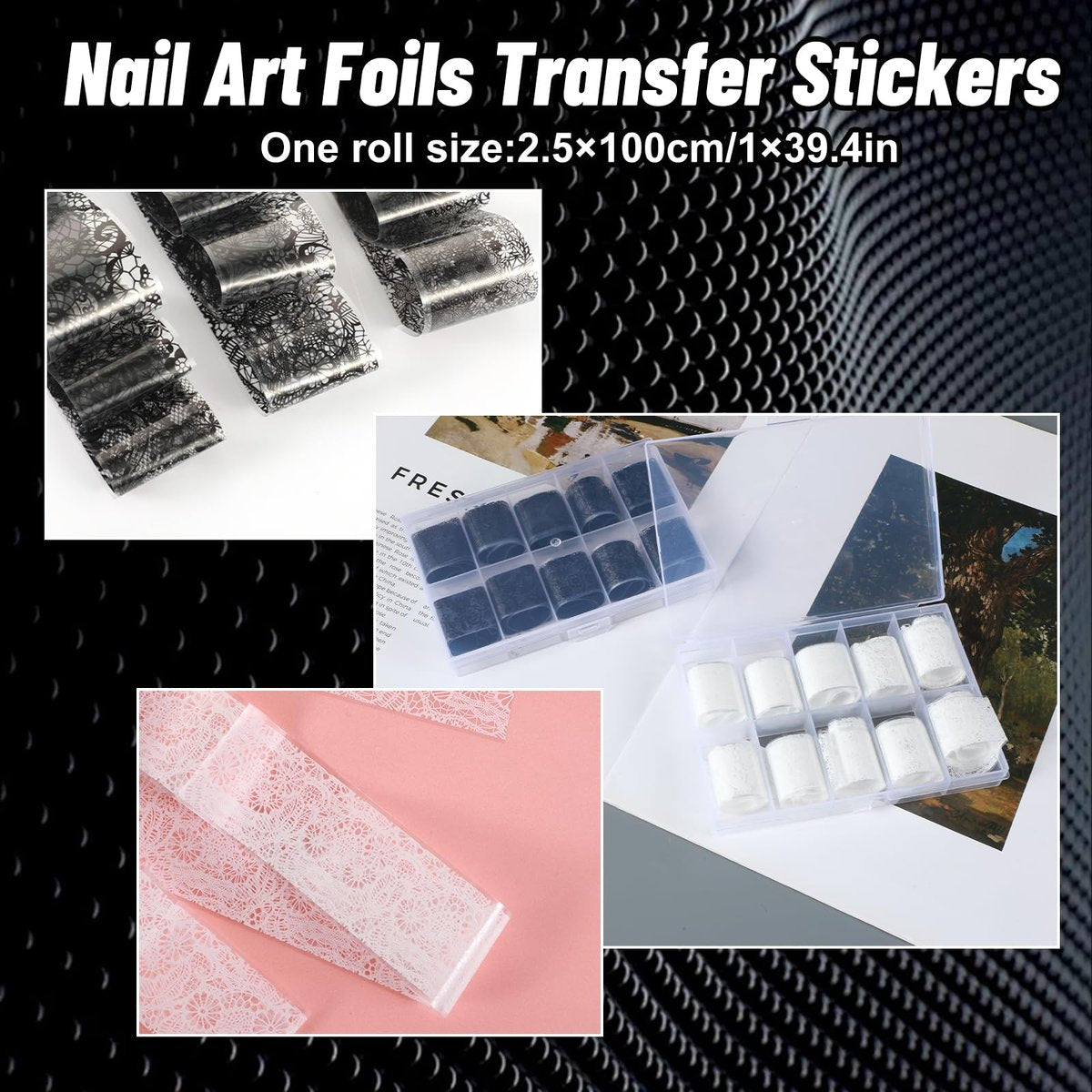 20 Rolls White and Black Lace Nail Foil Transfer Stickers - Flower Nail Art Decals for DIY Manicure - görsel 3