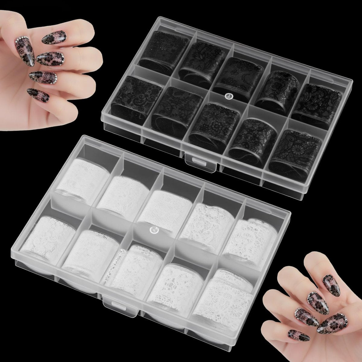 20 Rolls White and Black Lace Nail Foil Transfer Stickers - Flower Nail Art Decals for DIY Manicure - görsel 1