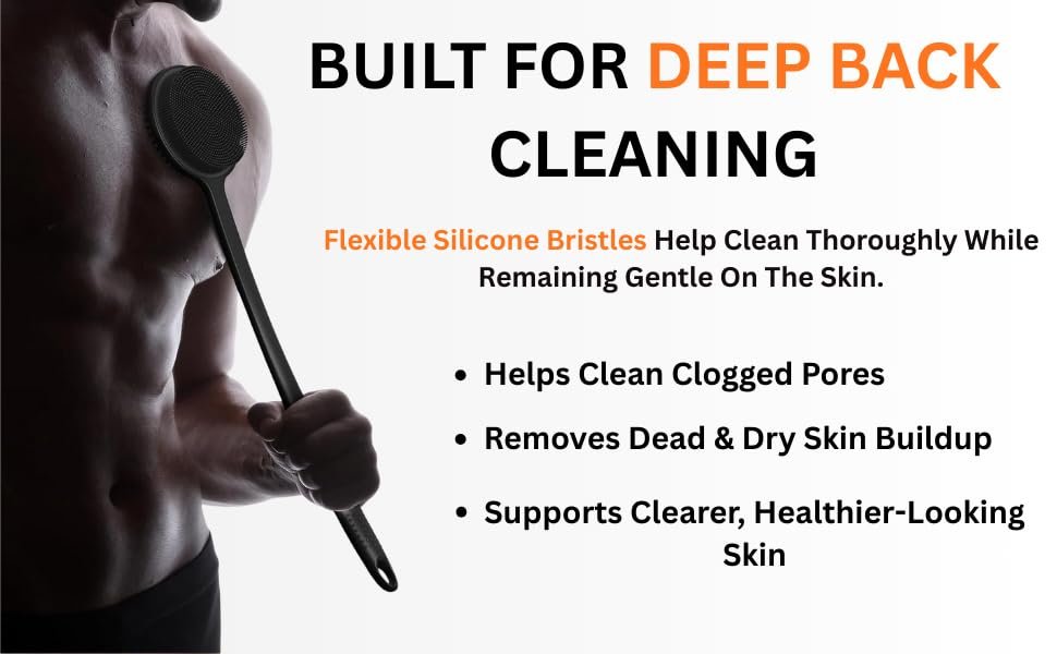 Silicone Back Scrubber for Shower – Long Handle Body Brush for Hard-to-Reach Areas, Gentle Exfoliating Body Scrubber for Sensitive Skin, Hygienic Loofah Alternative to Reduce Back Acne Avelisse