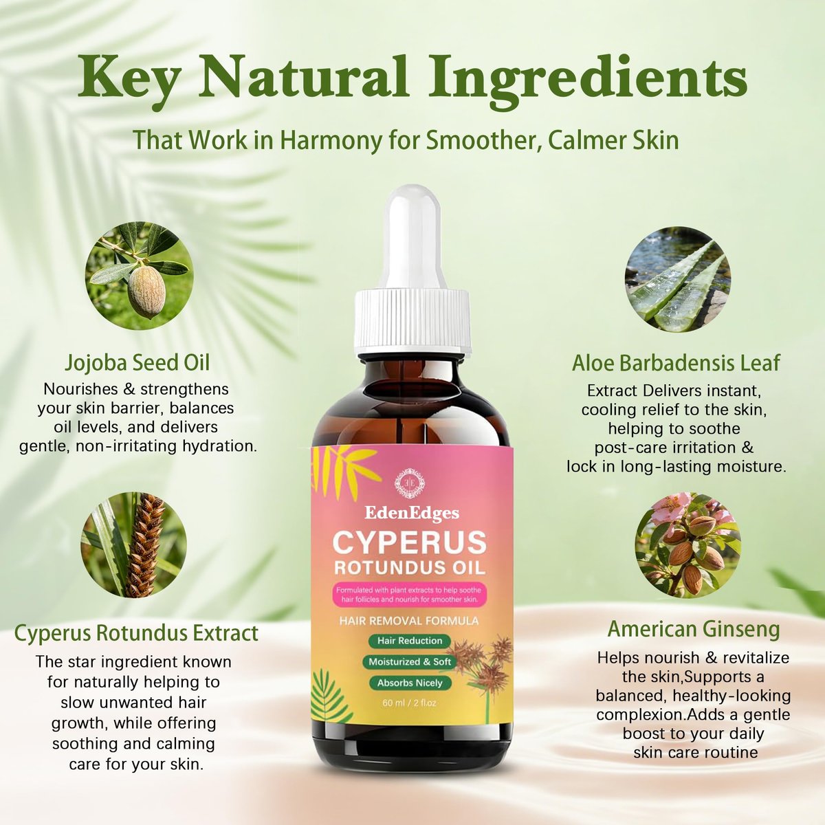 Natural Cyperus Rotundus Oil | Reducing Body Hair Growth & Hair Growth Inhibitor for Women & Men | Hair Removal Oil, Slows Unwanted Hair on Body | Soothes Skin, Suitable for All Skin Types | 60ml Avelisse