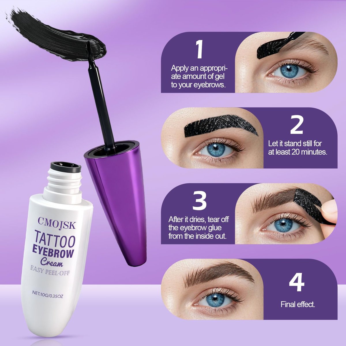 CMOJSK Tattoo Eyebrow Gel – Easy Peel Off, Semi-Permanent Eyebrow Tint for Natural-Looking, Waterproof, Sweatproof Brows (Black, 2-Pack) - görsel 13