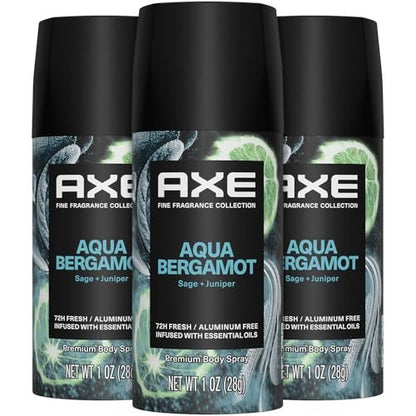 AXE Aluminum-Free Deodorant Travel Size Body Spray 3-Pack Aqua Bergamot 72 Hour Odor Protection Juniper + Sage 1 Oz Each Avelisse