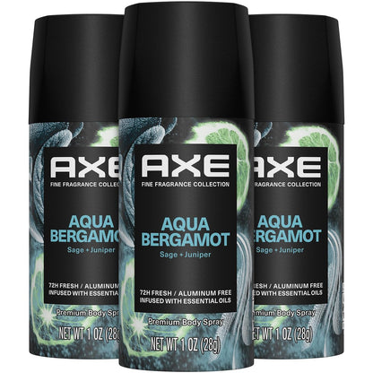 AXE Aluminum-Free Deodorant Travel Size Body Spray 3-Pack Aqua Bergamot 72 Hour Odor Protection Juniper + Sage 1 Oz Each Avelisse