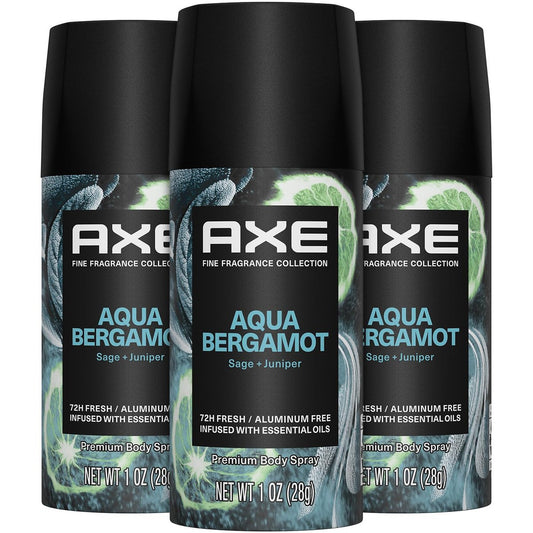 AXE Aluminum-Free Deodorant Travel Size Body Spray 3-Pack Aqua Bergamot 72 Hour Odor Protection Juniper + Sage 1 Oz Each Avelisse