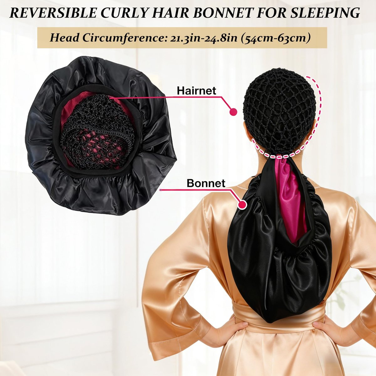 2026 Upgraded 2-in-1 Silk Press Wrap Cap Bonnet Reversible, Double Layered Satin Bonnet with Adjustable Tie, Sleeping Hair Wrap for Curly, Natural and Long Braided Hair - görsel 5