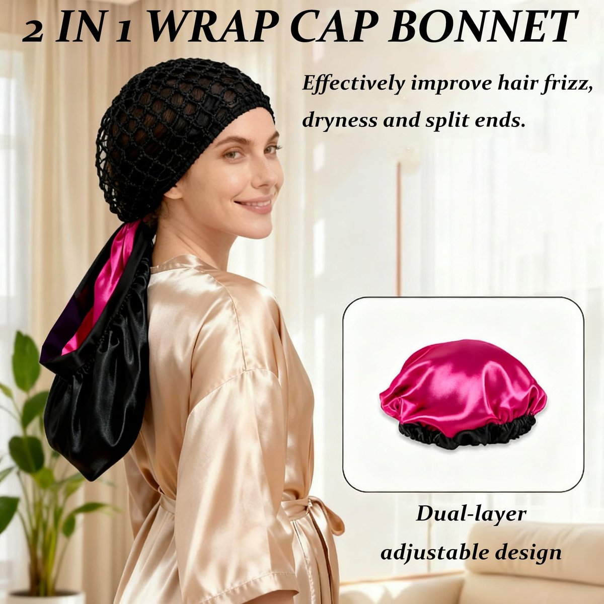 2026 Upgraded 2-in-1 Silk Press Wrap Cap Bonnet Reversible, Double Layered Satin Bonnet with Adjustable Tie, Sleeping Hair Wrap for Curly, Natural and Long Braided Hair - görsel 3