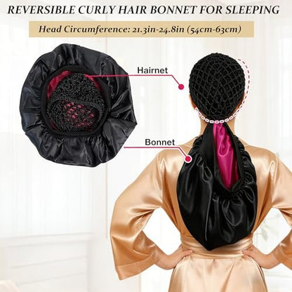 2026 Upgraded 2-in-1 Silk Press Wrap Cap Bonnet Reversible, Double Layered Satin Bonnet with Adjustable Tie, Sleeping Hair Wrap for Curly, Natural and Long Braided Hair