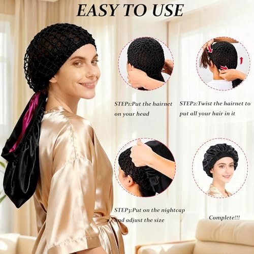 2026 Upgraded 2-in-1 Silk Press Wrap Cap Bonnet Reversible, Double Layered Satin Bonnet with Adjustable Tie, Sleeping Hair Wrap for Curly, Natural and Long Braided Hair - görsel 10