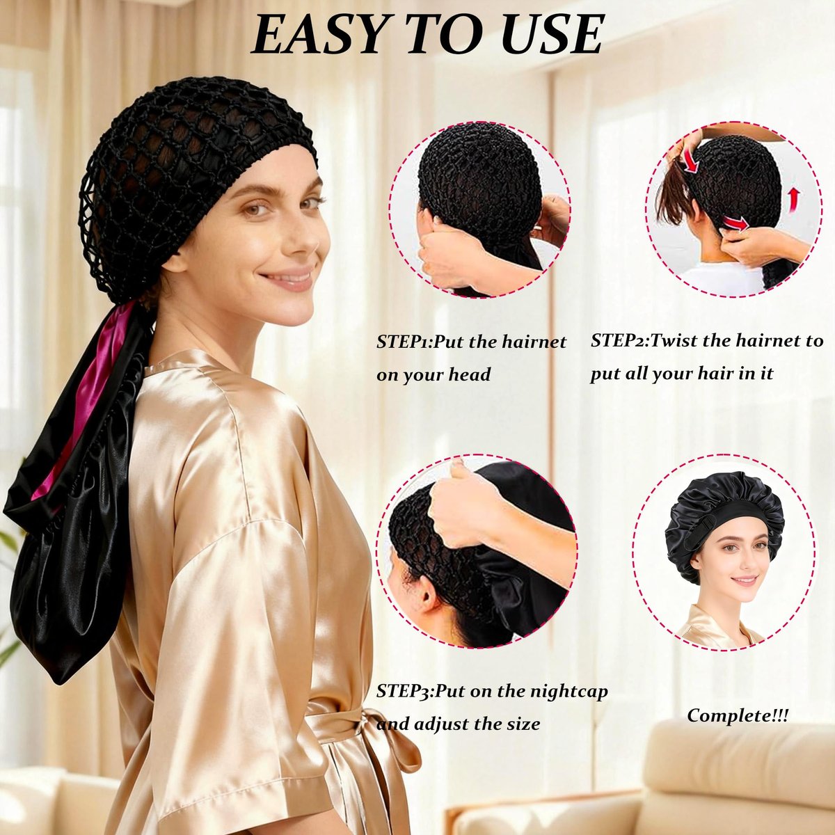 2026 Upgraded 2-in-1 Silk Press Wrap Cap Bonnet Reversible, Double Layered Satin Bonnet with Adjustable Tie, Sleeping Hair Wrap for Curly, Natural and Long Braided Hair - görsel 9