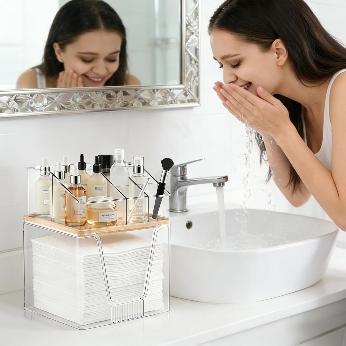 2 in 1 Disposable Facial Towel Holder and Cosmetic Organizer - Clear Acrylic Stackable Vanity Organizer with Bamboo Lid - Compatible with Clean Skin Club Towel XL - 2 Tier Bathroom Counter Storage Avelisse