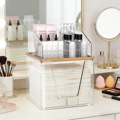 2 in 1 Disposable Facial Towel Holder and Cosmetic Organizer - Clear Acrylic Stackable Vanity Organizer with Bamboo Lid - Compatible with Clean Skin Club Towel XL - 2 Tier Bathroom Counter Storage Avelisse