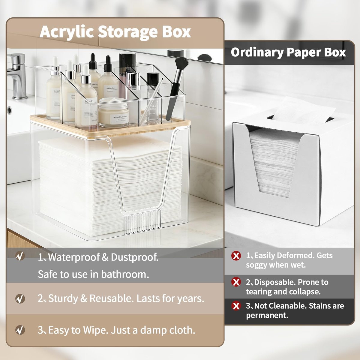 2 in 1 Disposable Facial Towel Holder and Cosmetic Organizer - Clear Acrylic Stackable Vanity Organizer with Bamboo Lid - Compatible with Clean Skin Club Towel XL - 2 Tier Bathroom Counter Storage Avelisse
