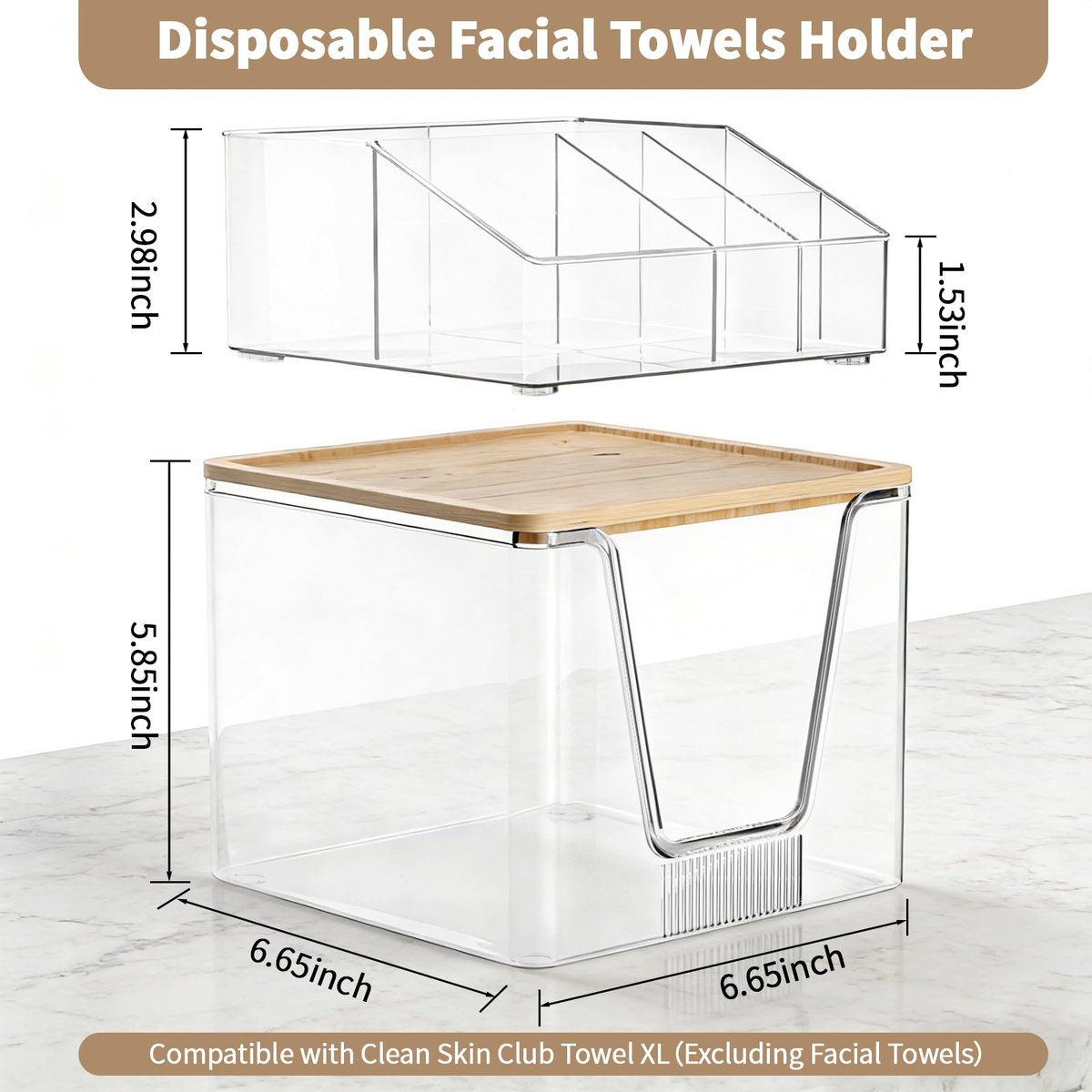 2 in 1 Disposable Facial Towel Holder and Cosmetic Organizer - Clear Acrylic Stackable Vanity Organizer with Bamboo Lid - Compatible with Clean Skin Club Towel XL - 2 Tier Bathroom Counter Storage Avelisse
