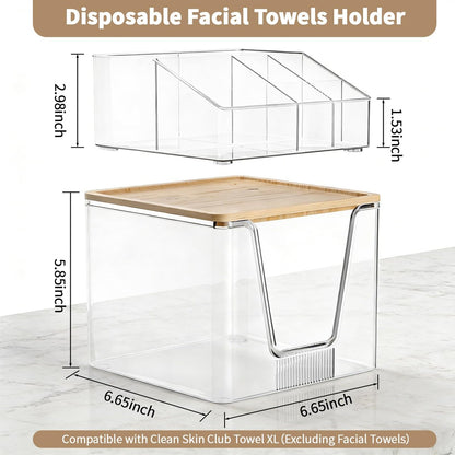 2 in 1 Disposable Facial Towel Holder and Cosmetic Organizer - Clear Acrylic Stackable Vanity Organizer with Bamboo Lid - Compatible with Clean Skin Club Towel XL - 2 Tier Bathroom Counter Storage Avelisse