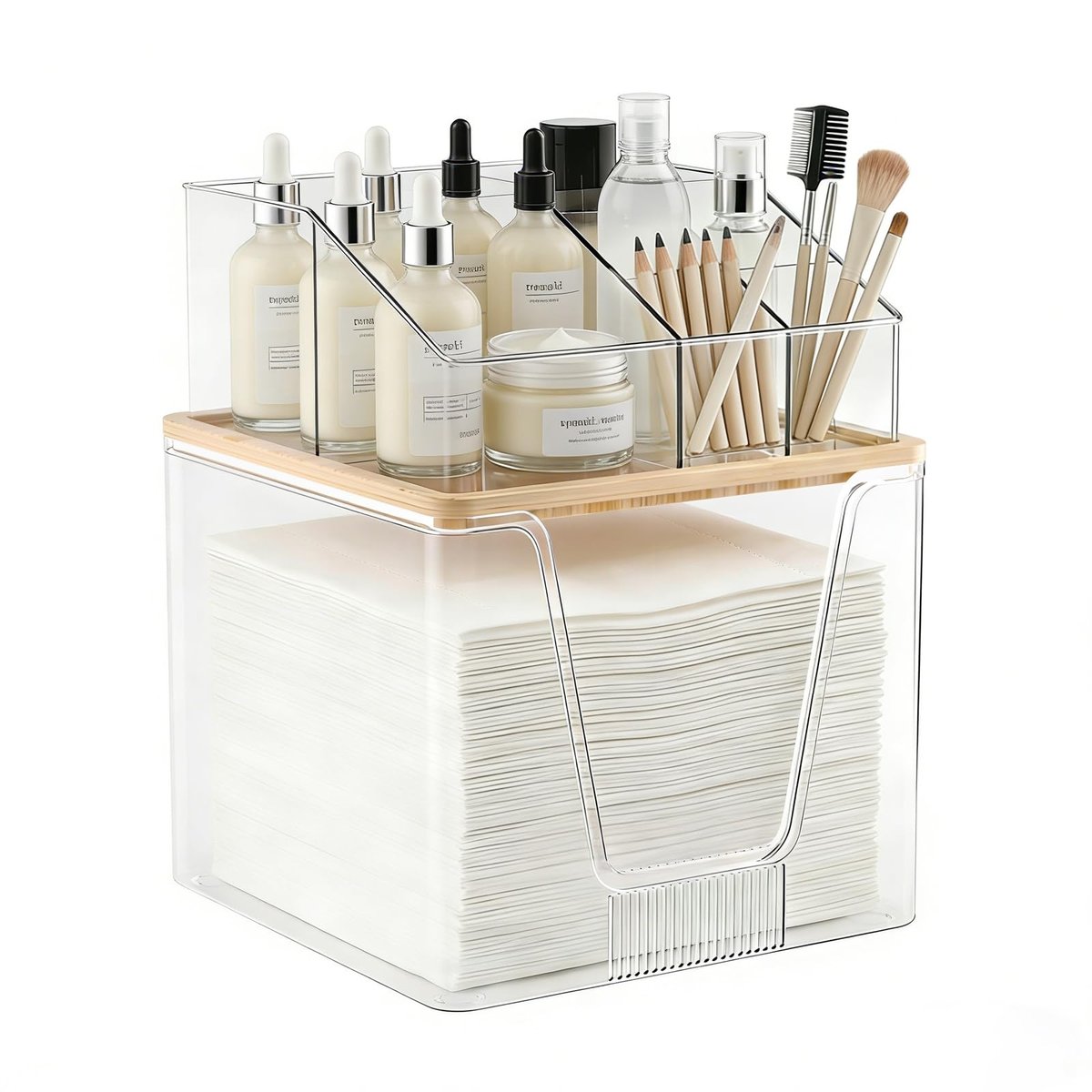 2 in 1 Disposable Facial Towel Holder and Cosmetic Organizer - Clear Acrylic Stackable Vanity Organizer with Bamboo Lid - Compatible with Clean Skin Club Towel XL - 2 Tier Bathroom Counter Storage Avelisse