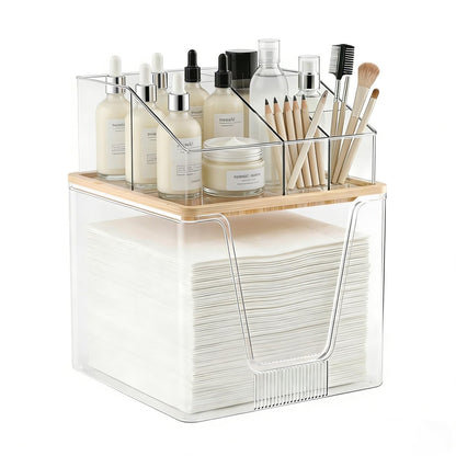 2 in 1 Disposable Facial Towel Holder and Cosmetic Organizer - Clear Acrylic Stackable Vanity Organizer with Bamboo Lid - Compatible with Clean Skin Club Towel XL - 2 Tier Bathroom Counter Storage Avelisse