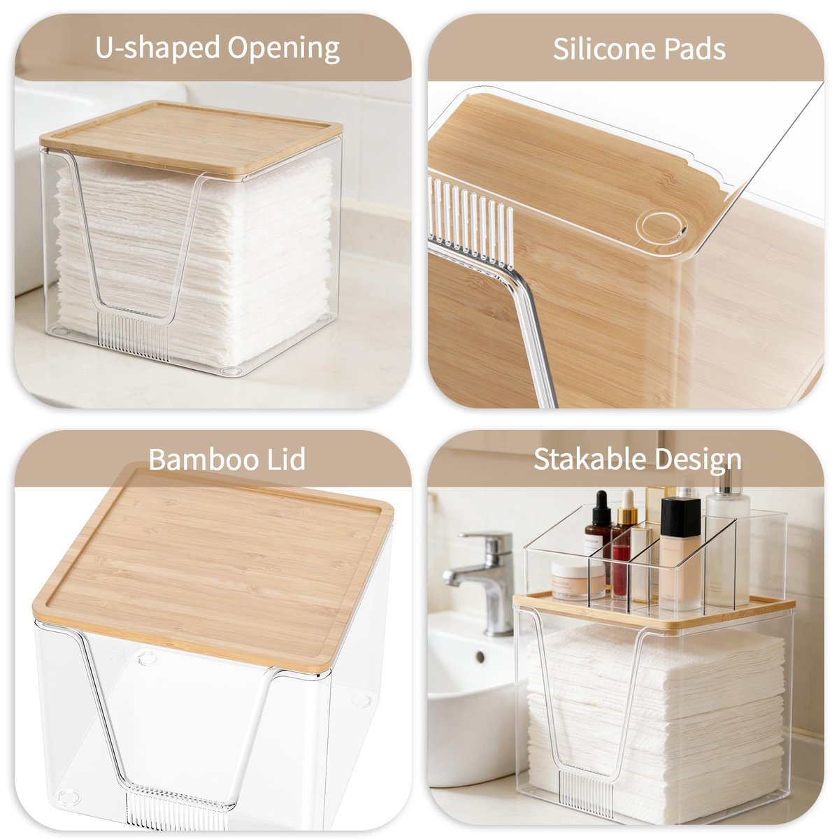 2 in 1 Disposable Facial Towel Holder and Cosmetic Organizer - Clear Acrylic Stackable Vanity Organizer with Bamboo Lid - Compatible with Clean Skin Club Towel XL - 2 Tier Bathroom Counter Storage Avelisse
