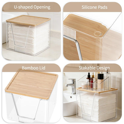 2 in 1 Disposable Facial Towel Holder and Cosmetic Organizer - Clear Acrylic Stackable Vanity Organizer with Bamboo Lid - Compatible with Clean Skin Club Towel XL - 2 Tier Bathroom Counter Storage Avelisse