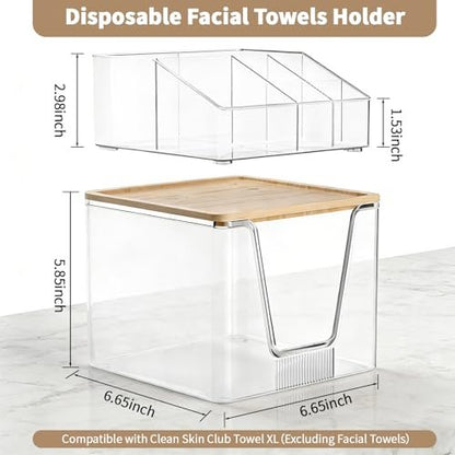 2 in 1 Disposable Facial Towel Holder and Cosmetic Organizer - Clear Acrylic Stackable Vanity Organizer with Bamboo Lid - Compatible with Clean Skin Club Towel XL - 2 Tier Bathroom Counter Storage Avelisse