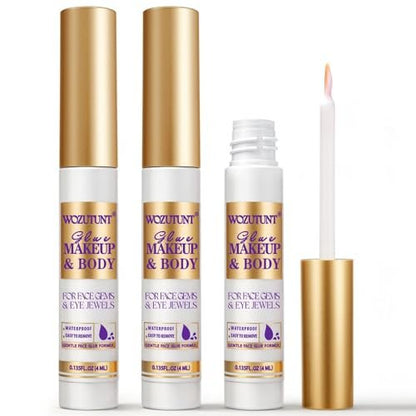 3-Pack Transparent Face Makeup Glue for Rhinestones, Waterproof Body Glue for Cosplay, Wig, Eyelashes & Hair Gems – Gentle Skin Adhesive for Women