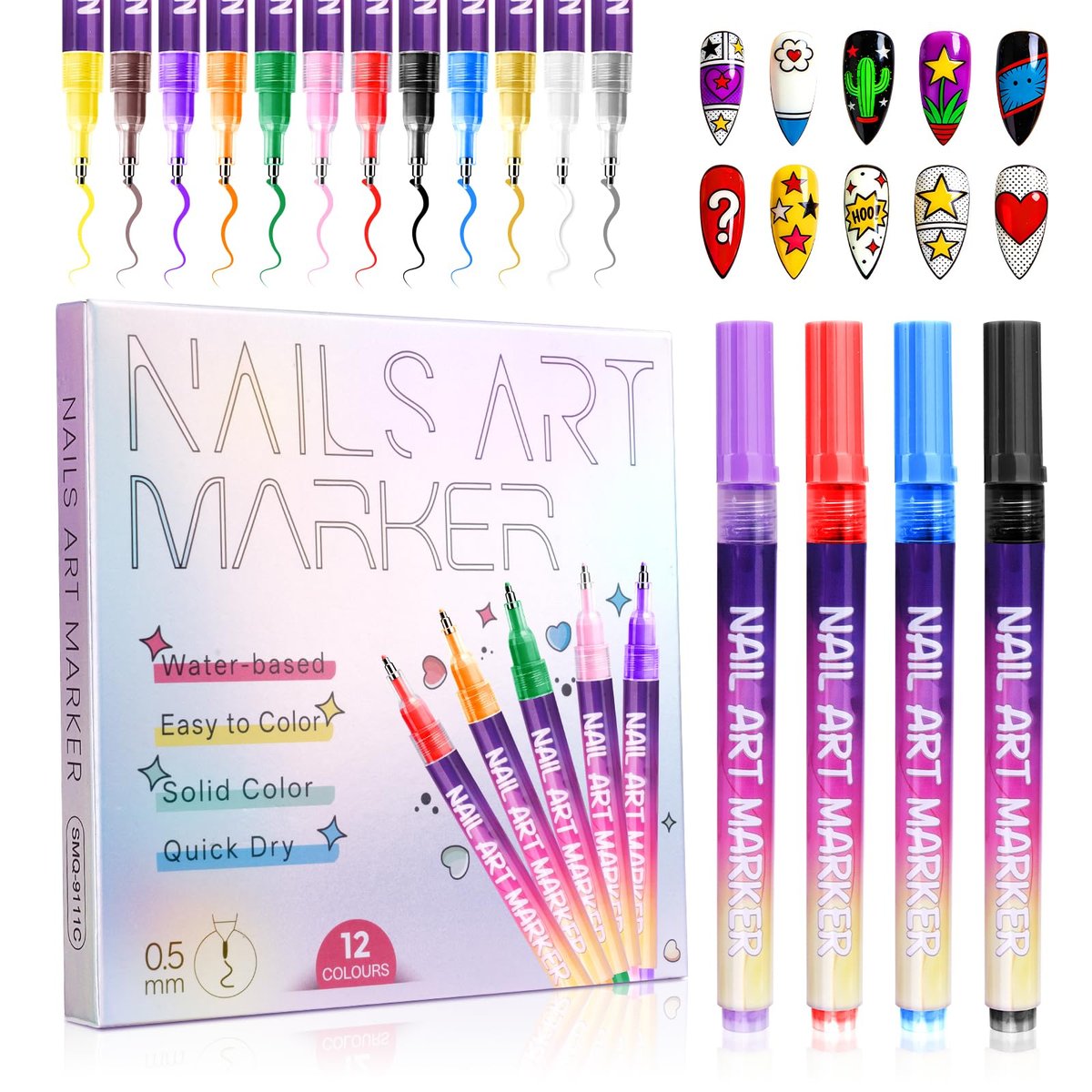 Anytin 12 Colors Nail Art Markers Set - 0.5mm Ultra-Fine Tip Nail Art Pens, Quick-Dry Waterproof Nail Polish Pens, No UV Lamp Needed for DIY Nail Art & Beginners, Easter Gift - görsel 1