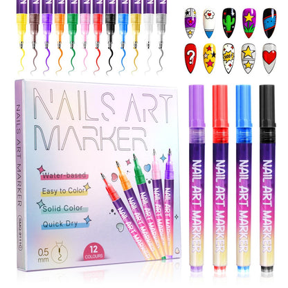 Anytin 12 Colors Nail Art Markers Set - 0.5mm Ultra-Fine Tip Nail Art Pens, Quick-Dry Waterproof Nail Polish Pens, No UV Lamp Needed for DIY Nail Art & Beginners, Easter Gift
