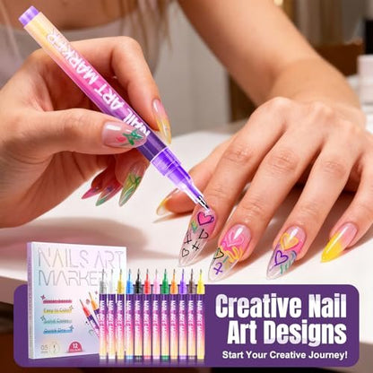 Anytin 12 Colors Nail Art Markers Set - 0.5mm Ultra-Fine Tip Nail Art Pens, Quick-Dry Waterproof Nail Polish Pens, No UV Lamp Needed for DIY Nail Art & Beginners, Easter Gift