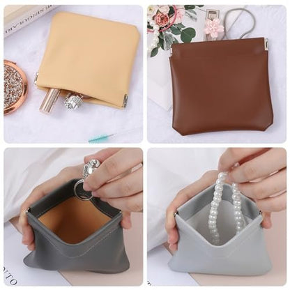 Quilax 4-Pack Personalized Snap Closure Leather Organizer Pouch - Lambskin Travel Cosmetic Bag for Makeup, Jewelry, Headphones