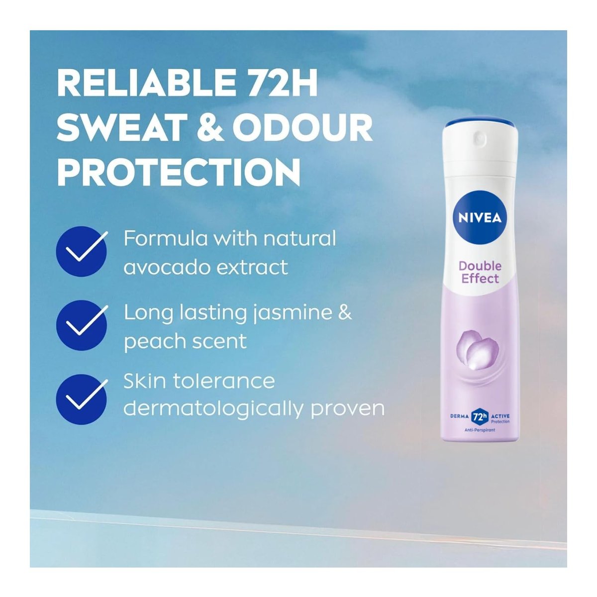 NIVEA Double Effect Anti-Perspirant Spray for Women, 72H Sweat & Odor Protection, Avocado Extract, Alcohol-Free Deodorant, Smooth Underarms, 200ml, Pack of 3 Avelisse