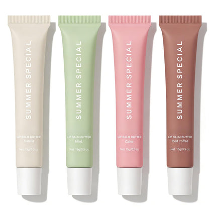 4 PCS Summer Special Lip Balm Butter - Hydrating Sheer Tinted Lip Gloss with Shea Butter & Olive Oil, Nourishing Dry Lips, Pack of 4