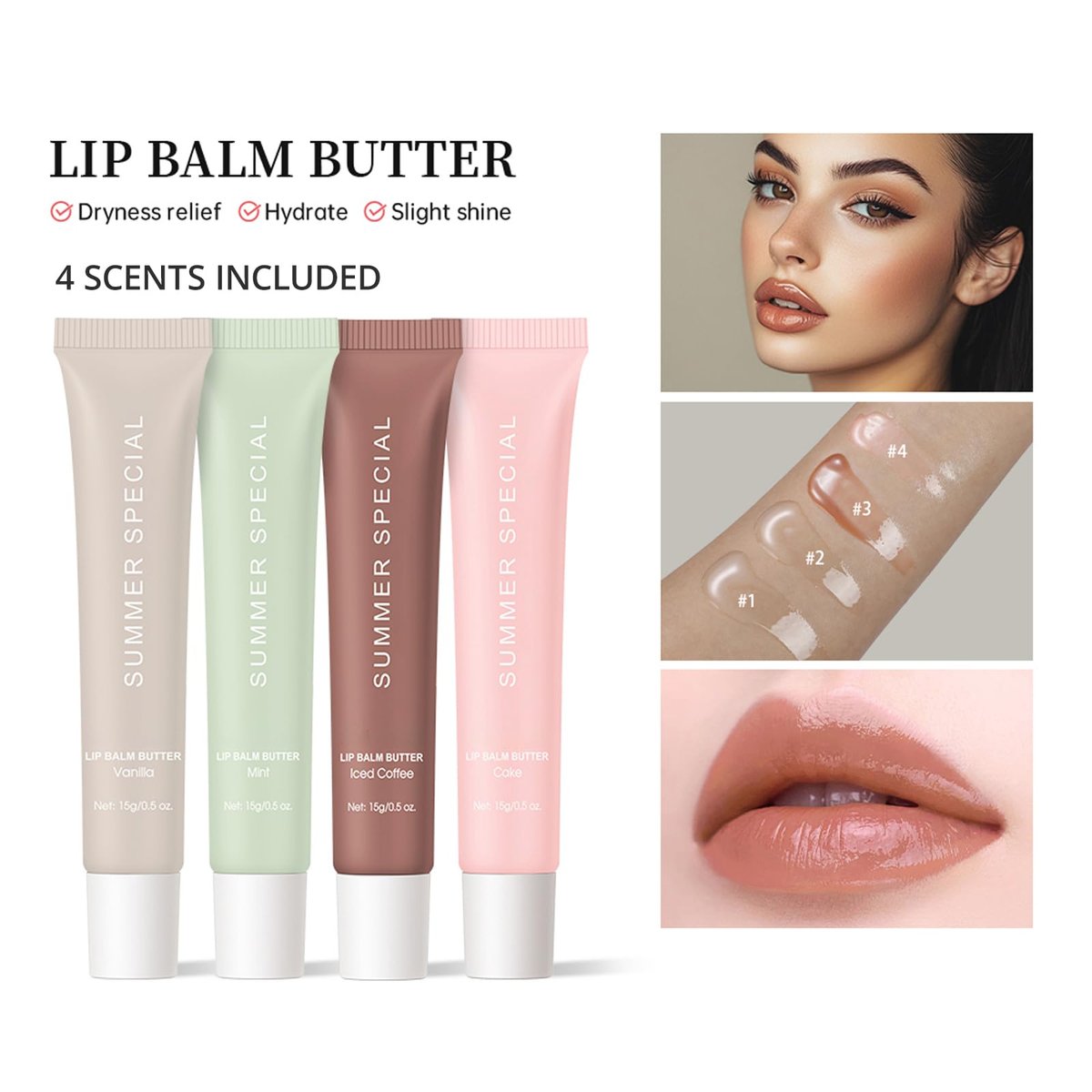 4 PCS Summer Special Lip Balm Butter - Hydrating Sheer Tinted Lip Gloss with Shea Butter & Olive Oil, Nourishing Dry Lips, Pack of 4 - görsel 13