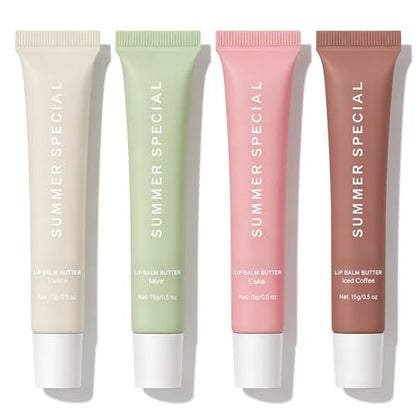 4 PCS Summer Special Lip Balm Butter - Hydrating Sheer Tinted Lip Gloss with Shea Butter & Olive Oil, Nourishing Dry Lips, Pack of 4