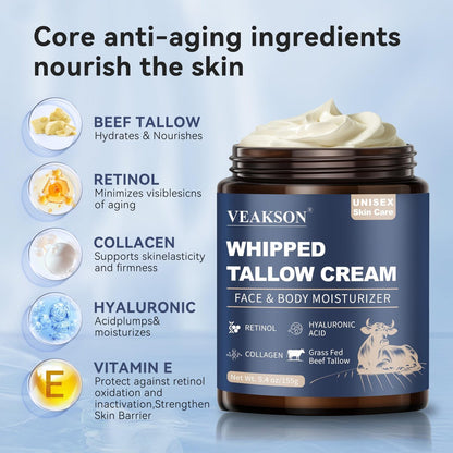 Grass Fed Beef Tallow Balm with Honey, Retinol, Collagen & Hyaluronic Acid – Anti-Aging Face & Body Moisturizer for Women & Men, 5.4 oz