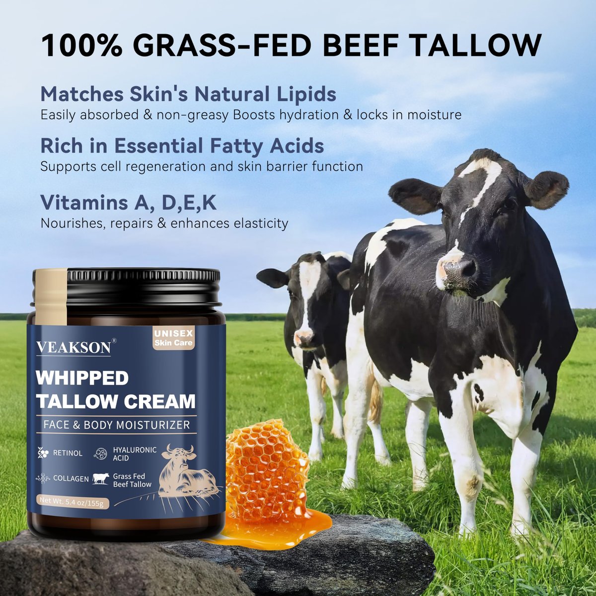 Grass Fed Beef Tallow Balm with Honey, Retinol, Collagen & Hyaluronic Acid – Anti-Aging Face & Body Moisturizer for Women & Men, 5.4 oz - görsel 7