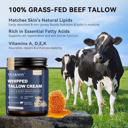 Grass Fed Beef Tallow Balm with Honey, Retinol, Collagen & Hyaluronic Acid – Anti-Aging Face & Body Moisturizer for Women & Men, 5.4 oz