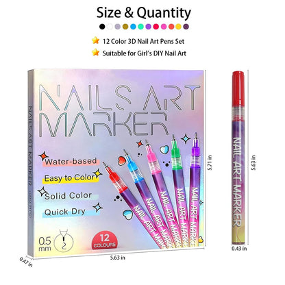 12-Color Nail Art Pens Set - Premium Nail Markers for Painting, Nail Art, and Creative Decorations for Adults and Kids