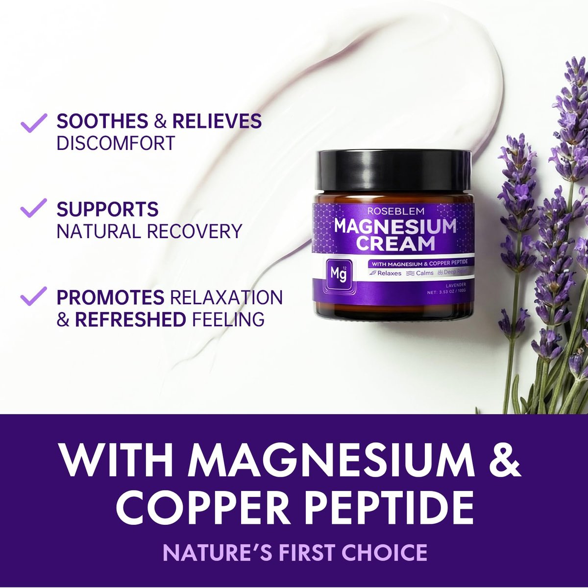 Magnesium Cream with Copper Peptide & Lavender – Muscle Relief & Sleep Support, Moisturizing Body Cream with Shea Butter & Jojoba Oil for Sensitive Skin, Daily Use, 3.53 oz Avelisse