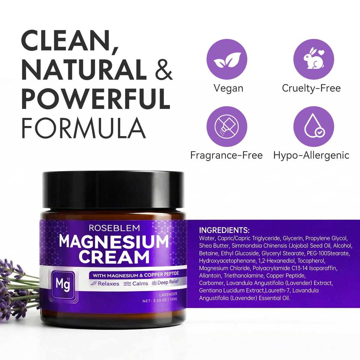 Magnesium Cream with Copper Peptide & Lavender – Muscle Relief & Sleep Support, Moisturizing Body Cream with Shea Butter & Jojoba Oil for Sensitive Skin, Daily Use, 3.53 oz Avelisse