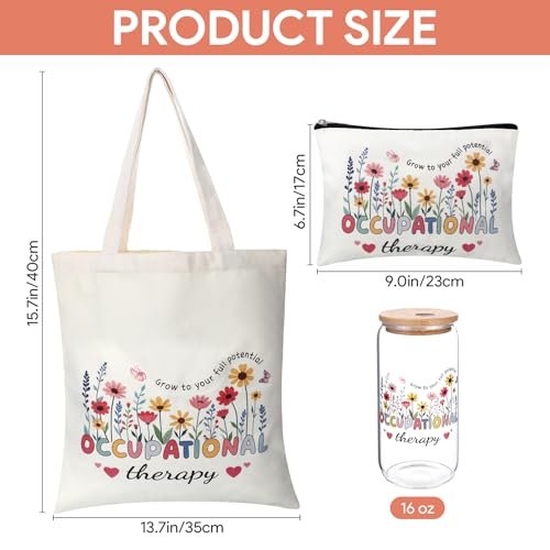 PanJoidys 3 Pcs Occupational Therapy Gifts Bag Boho Style Physical Therapist Gifts - OT Tote Bag with Cosmetic Bag Glass Cup for Women Birthday - görsel 8