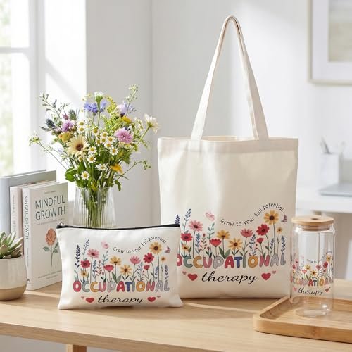 PanJoidys 3 Pcs Occupational Therapy Gifts Bag Boho Style Physical Therapist Gifts - OT Tote Bag with Cosmetic Bag Glass Cup for Women Birthday - görsel 6
