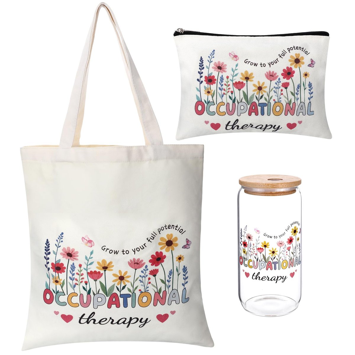 PanJoidys 3 Pcs Occupational Therapy Gifts Bag Boho Style Physical Therapist Gifts - OT Tote Bag with Cosmetic Bag Glass Cup for Women Birthday - görsel 1