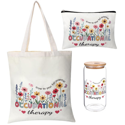 PanJoidys 3 Pcs Occupational Therapy Gifts Bag Boho Style Physical Therapist Gifts - OT Tote Bag with Cosmetic Bag Glass Cup for Women Birthday