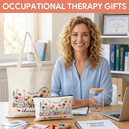 PanJoidys 3 Pcs Occupational Therapy Gifts Bag Boho Style Physical Therapist Gifts - OT Tote Bag with Cosmetic Bag Glass Cup for Women Birthday