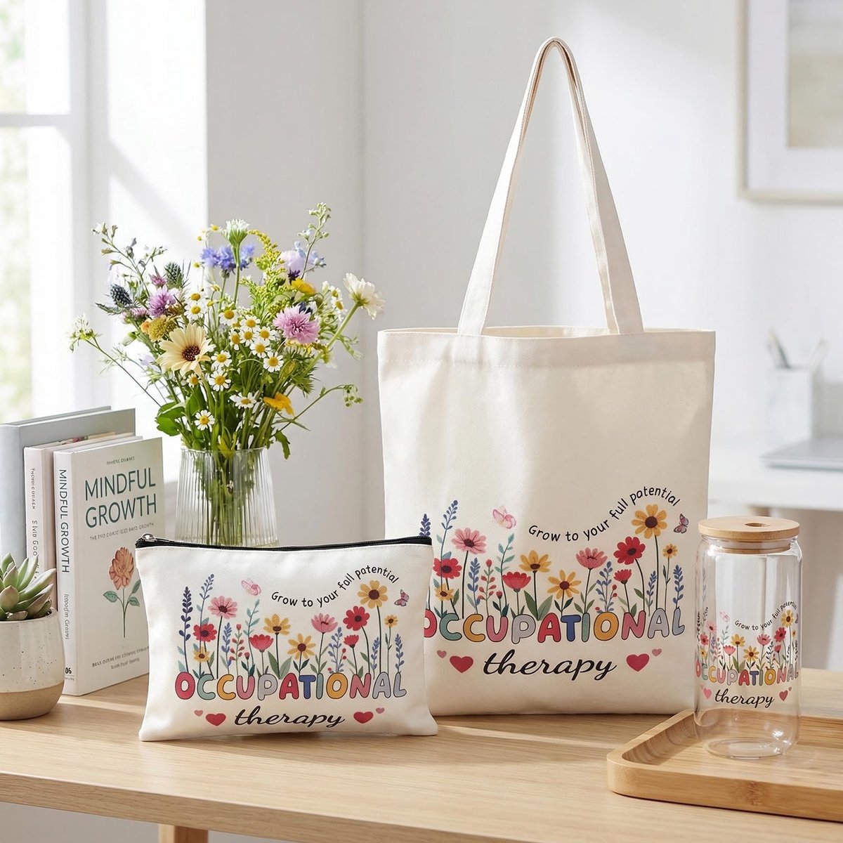 PanJoidys 3 Pcs Occupational Therapy Gifts Bag Boho Style Physical Therapist Gifts - OT Tote Bag with Cosmetic Bag Glass Cup for Women Birthday - görsel 5