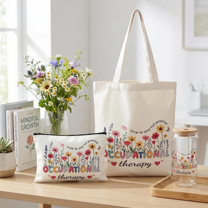 PanJoidys 3 Pcs Occupational Therapy Gifts Bag Boho Style Physical Therapist Gifts - OT Tote Bag with Cosmetic Bag Glass Cup for Women Birthday