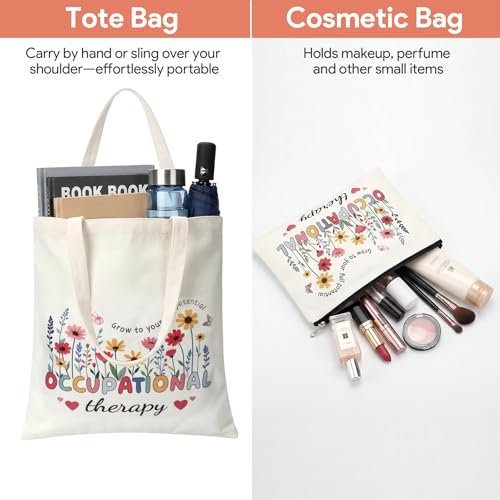 PanJoidys 3 Pcs Occupational Therapy Gifts Bag Boho Style Physical Therapist Gifts - OT Tote Bag with Cosmetic Bag Glass Cup for Women Birthday - görsel 12