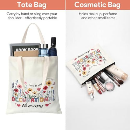 PanJoidys 3 Pcs Occupational Therapy Gifts Bag Boho Style Physical Therapist Gifts - OT Tote Bag with Cosmetic Bag Glass Cup for Women Birthday