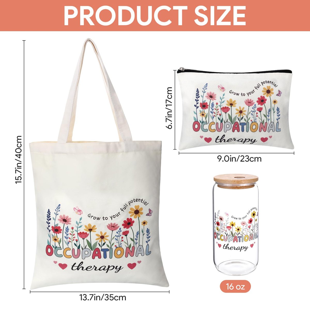 PanJoidys 3 Pcs Occupational Therapy Gifts Bag Boho Style Physical Therapist Gifts - OT Tote Bag with Cosmetic Bag Glass Cup for Women Birthday - görsel 7